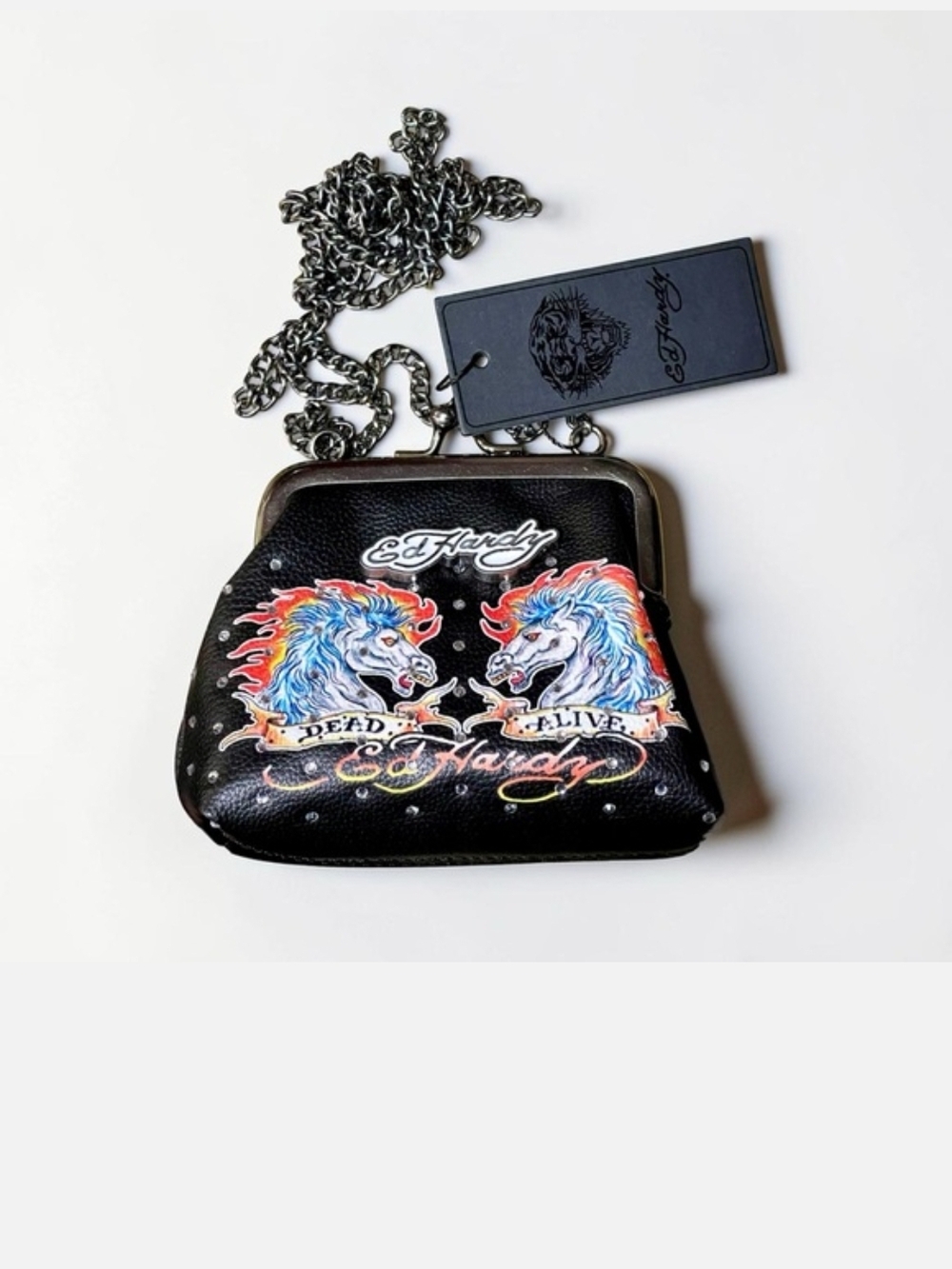 Ed Hardy Black Studded Unicorn Kiss-Lock Crossbody Coin Purse New